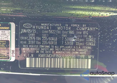2016 Hyundai Santa Fe Se z USA, uszkodzony, nr VIN KM8SMDHF8GU136596